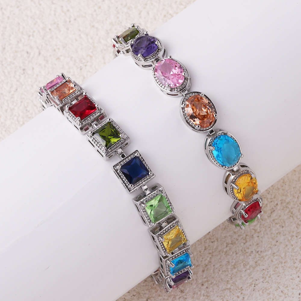 1 Piece Quantity Vintage Style Round Colorful Square Copper Plating Inlay Zircon Gold Plated Bracelets