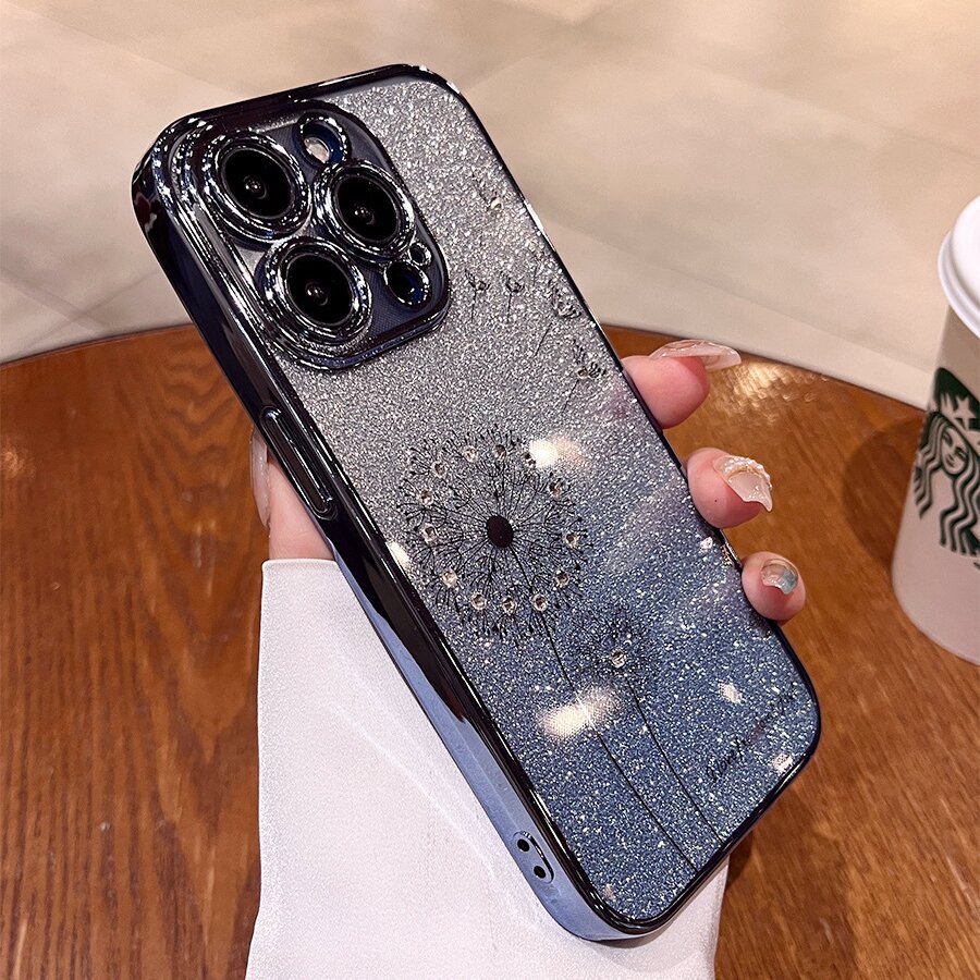 Diente de diente de león de diamantes de imitación de polvo brillante degradado para iphone14 Apple 16ProMax funda para teléfono móvil 15 hombres y mujeres 13 suave 12