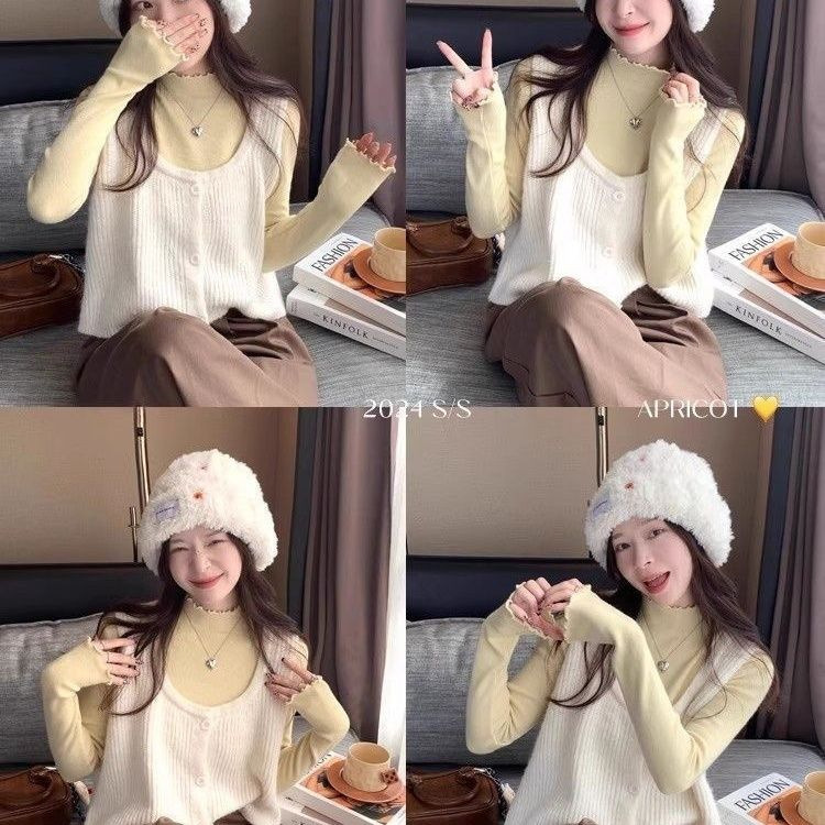 Light Yellow Ruffled Base Shirt Autumn and Winter New Exquisite Stylish Inner Wear De Velvet Long-Sleeve Thermal Top T-Shirt for Women