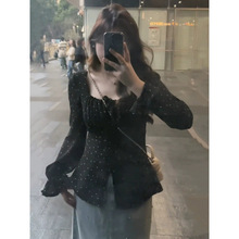 大码女装法式方领波点长袖衬衫春季新款胖mm收腰遮肉显瘦小衫上衣