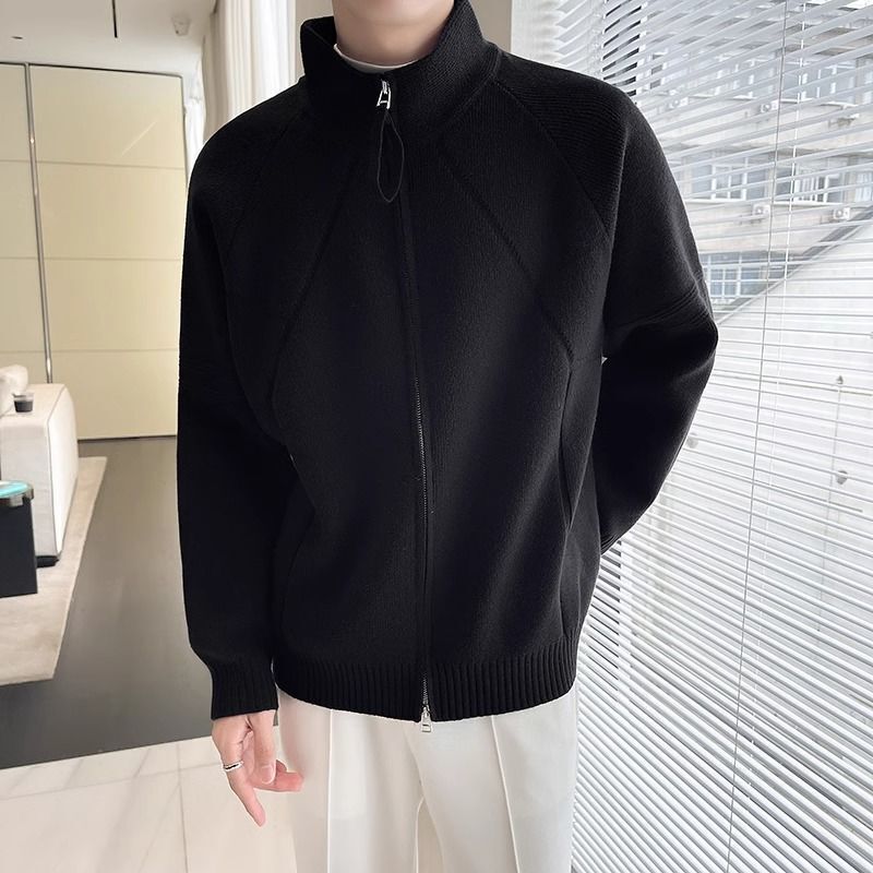 Lazy Style Sweater Jacket for Men, Autumn and Winter, Pure Black, New Arrival, Stand-Up Collar, Double Zipper, New Product