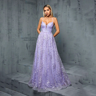 Foreign Trade Evening Dress Sling Super Heavy Glitter Sequins V-neck Leaky Chest High-end Annual Party Evening Dress