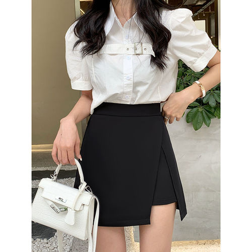 Plus-size women's black split half-body skirt for spring and autumn, cross-covering, slimming high-waisted A-line short skirt, gray suit pants