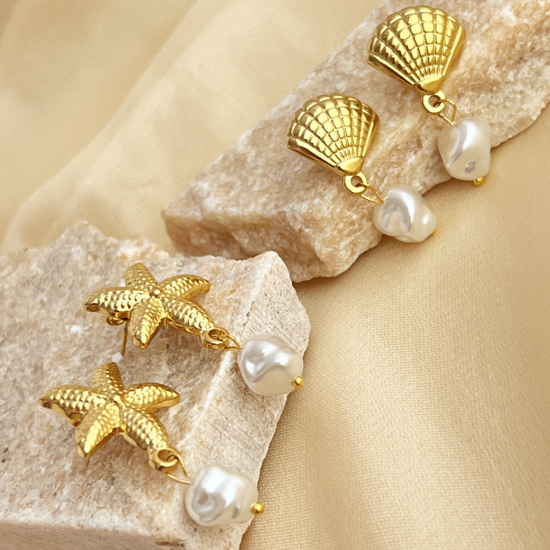 1 Pair Retro Starfish Shell Plating 304 Stainless Steel Freshwater Pearl 18K Gold Plated Drop Earrings display picture 2