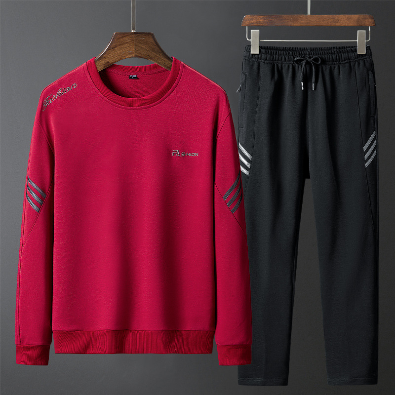 Otoño de los hombres suéter algodón cuello redondo traje 2024 nueva moda guapo bordado casual deportes ropa