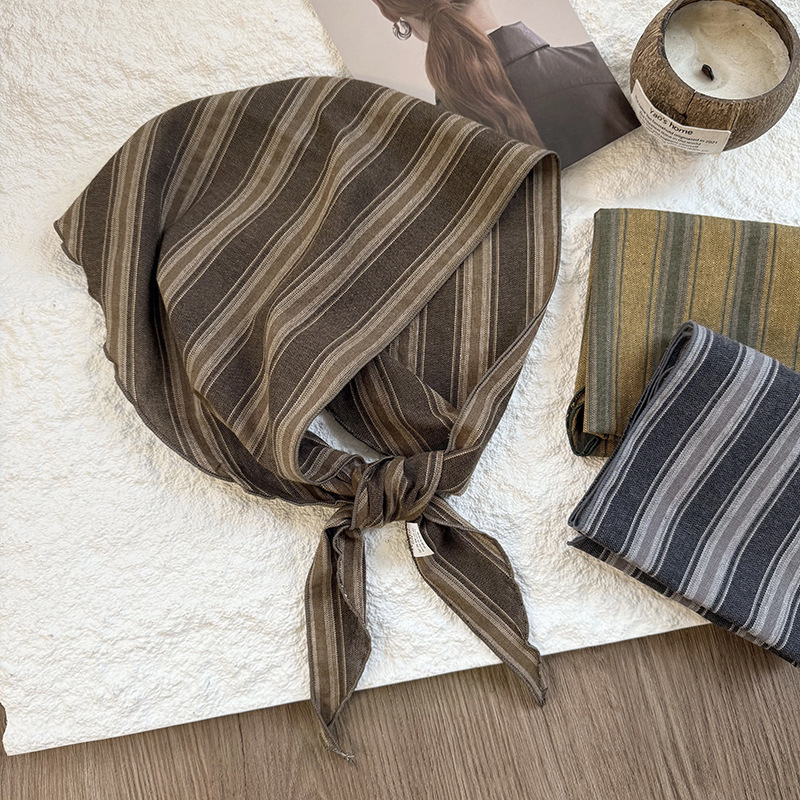 Bufanda de lino de algodón a rayas clásico retro simple japonés, bufanda de cuello informal, bufanda pequeña, diadema pequeña, diadema, mujer de doble uso