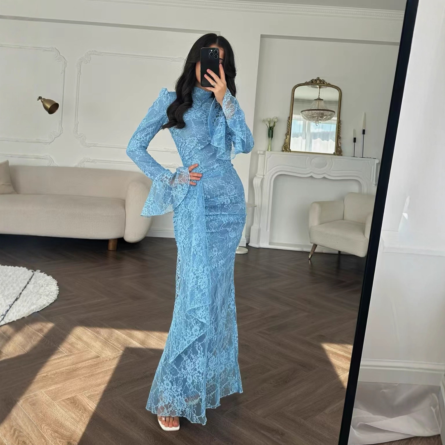2025 Cross-Border New European and American Style Women's Sexy Fashion Hip-Hugging Long Skirt Evening Dress Long-Sleeved Lace Dress