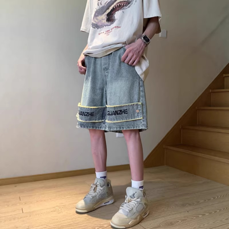 Men's Style Washed Distressed Denim Shorts Niche Design High Street Muddy Wide Leg Straight Leg Five Point Pants_mkmklike.com