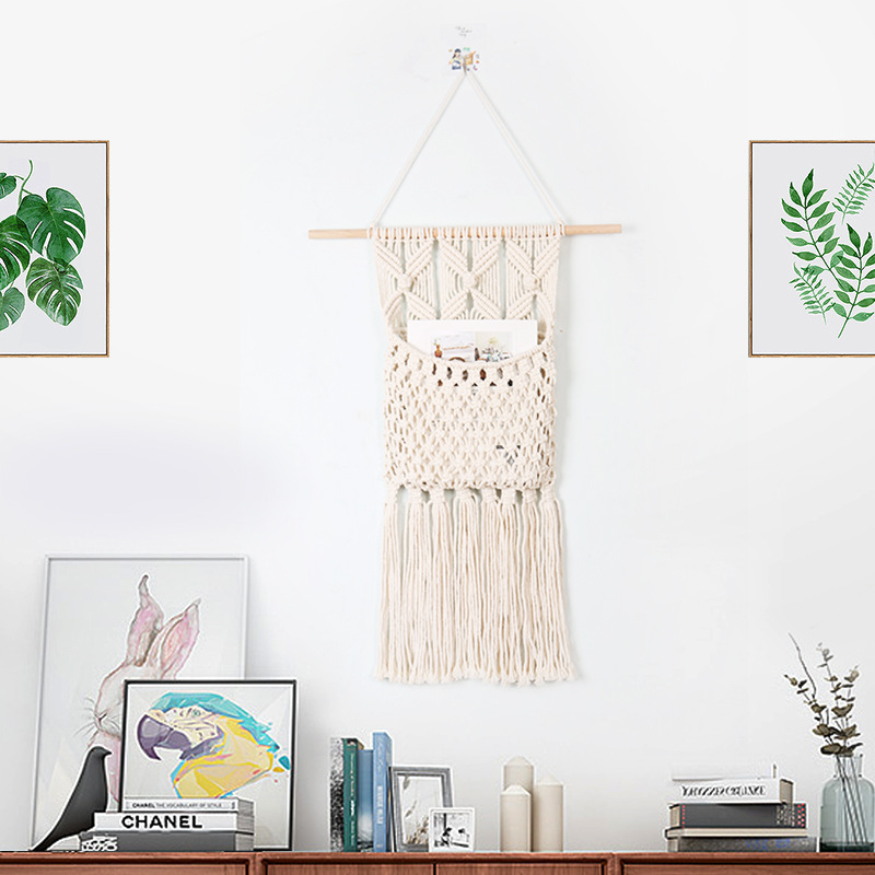 北欧简约编织棉绳带木棍挂壁式书兜家居挂篮墙面壁饰储物吊篮批发