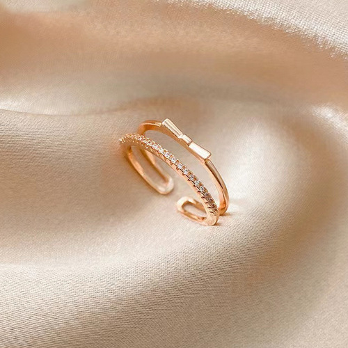 Butterfly knot ring with zirconia setting, copper-plated genuine gold, lightweight, niche, personalized design band ring, non-fading open ring