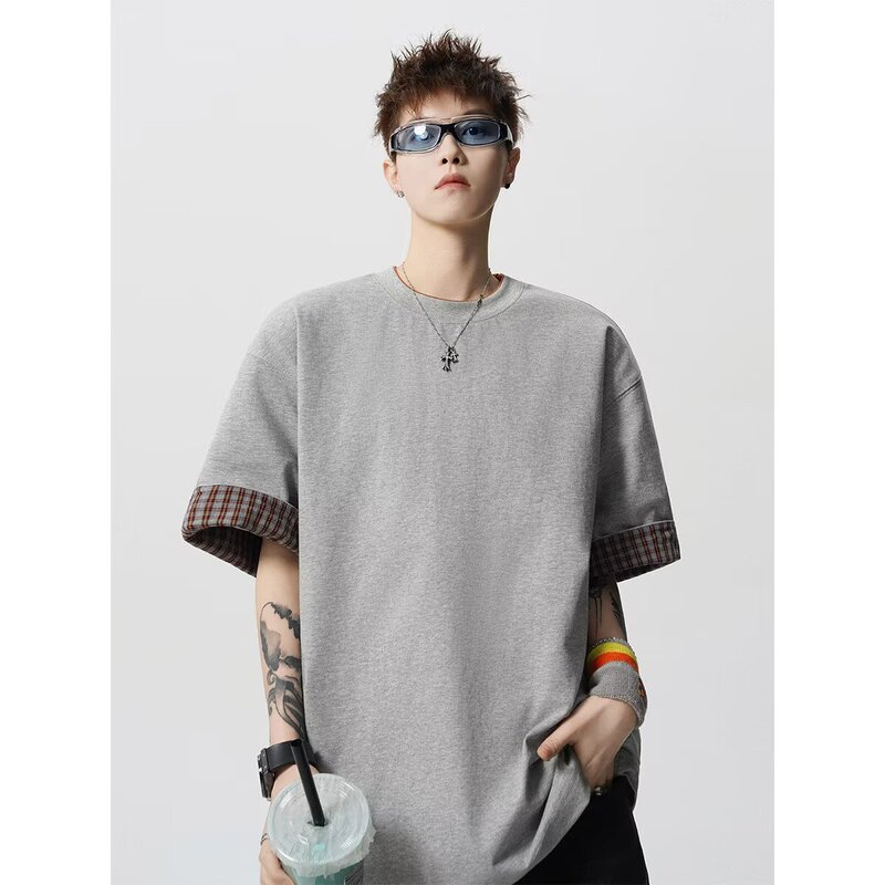 American-Style Plaid Cuffed Short-Sleeve T-Shirt for Men, 2026 New Summer Loose Design, Heavyweight Round-Neck Half-Sleeve Tee American-Style Plaid Cuffed Short-Sleeve T-Shirt for Men, 2026 New Summer Loose Design, Heavyweight Round-Neck Half-Sleeve Tee