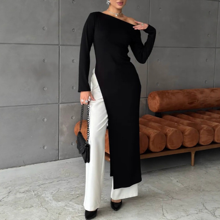 European and American Women's Clothing 2026 Spring New Simple Pure Color Tight Long-Sleeved T-Shirt Asymmetrical Slit Design Dress