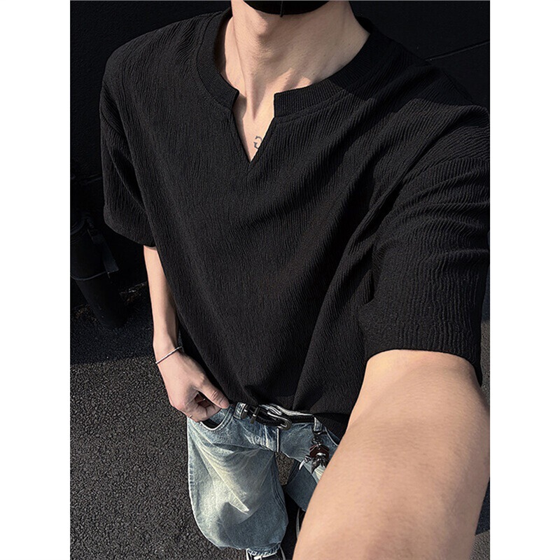 Textured Pleated V-Neck T-Shirt Short-Sleeved Men's Summer Thin Breathable Bottoming Shirt with American Half-Sleeved T-Shirt for Men