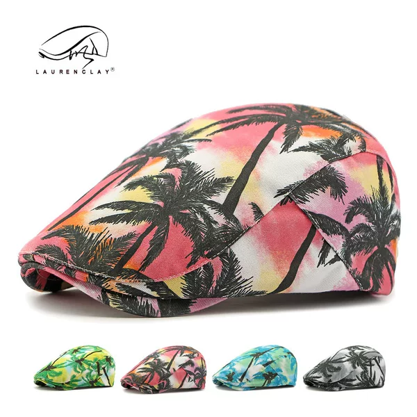Spring and Autumn New Retro Tie-Dye Beret Hat for Men and Women, Beach Coconut Tree Print Duckbill Cap, Casual and Versatile