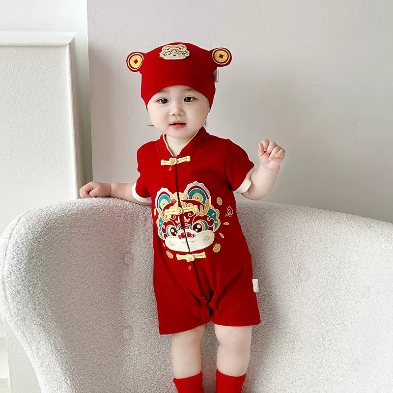 2025夏季婴儿连体衣周岁喜庆醒狮服5256男宝宝春秋抓周唐装拜年服