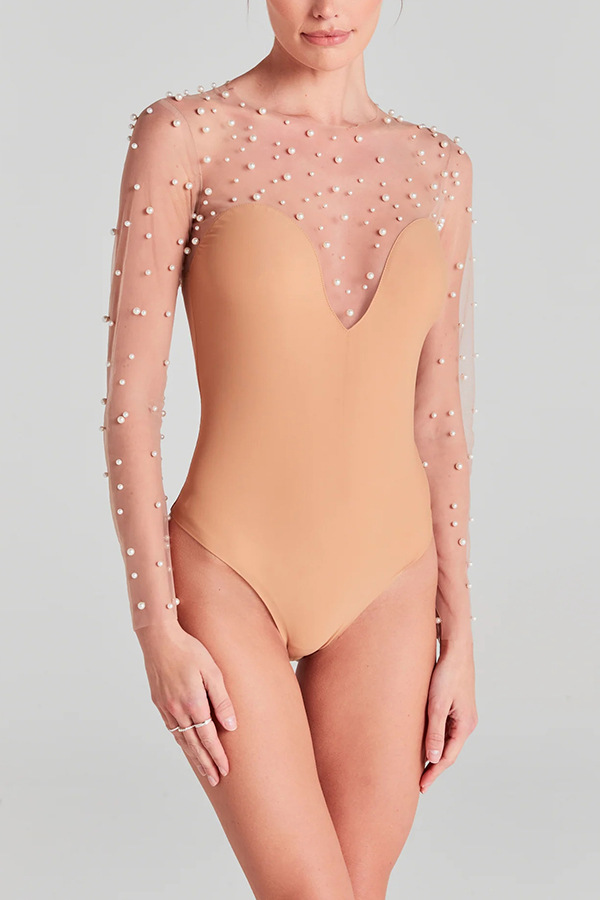 Polyester Fabric Type Mid Waist Waist Line Wholesale Women's Vacation Simple Style Solid Color Long Sleeve Bodysuits