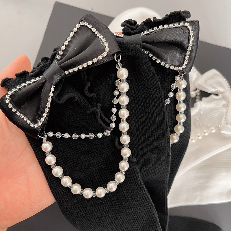 Millennium y2k Spice Girl Bright Diamond Bow Bead Chain Cotton Mid-length Socks Boots Socks Lolita Calf Socks for Women