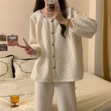 Korea空气棉 秋冬新款蕾丝圆领碎花睡衣女加厚夹棉保暖家居服批发