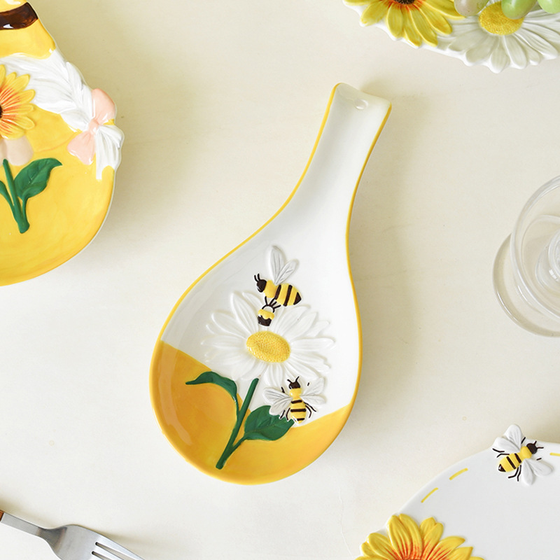 Estante de cuchara de girasol de abeja de primavera, soporte de cuchara, soporte de cuchara de sopa, mesa de comedor, palillos, cuchara, servilleta, estante de cocina
