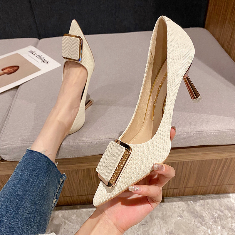 Autumn New Style Temperament Versatile Pointed Metal Buckle Single Shoes Girlish Fashion Celebrity High Heels Women's Shoes