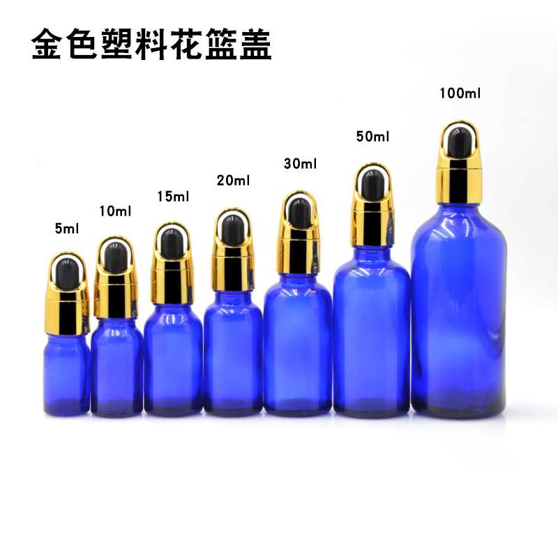 Botella vidrio azul 5 a 100ml con cuentagotas para aceites