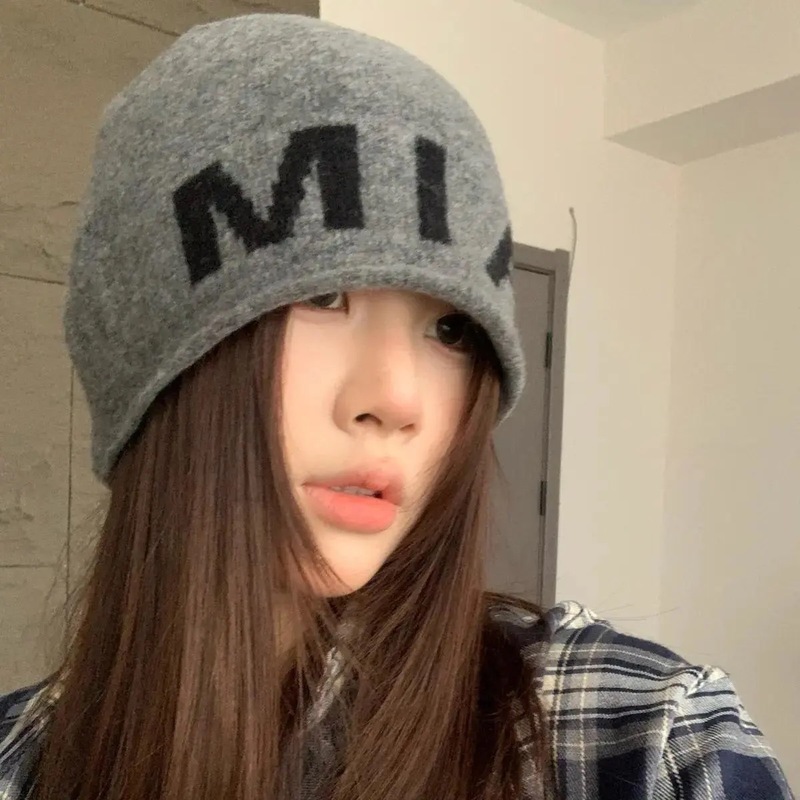 秋冬保暖显脸小堆堆帽女百搭防风针织帽大头围拼色条纹包头毛线帽|undefined