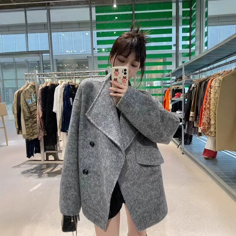 2024 осень-зима новый свободный маленький маленький высокий смысл двухстороннее кашемировое пальто стильное минималистское шерстяное пальто