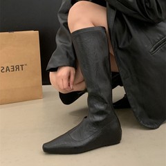 2025秋冬新款小方头低跟骑士靴复古长筒靴百搭平底内增高靴女