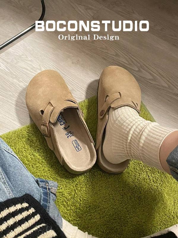 [in Stock] Genuine Leather Birkenstock Shoes for Women with Arch Support, Spring and Autumn Outdoor Cork Birkenstock Half-Slippers, Men's Casual Shoes