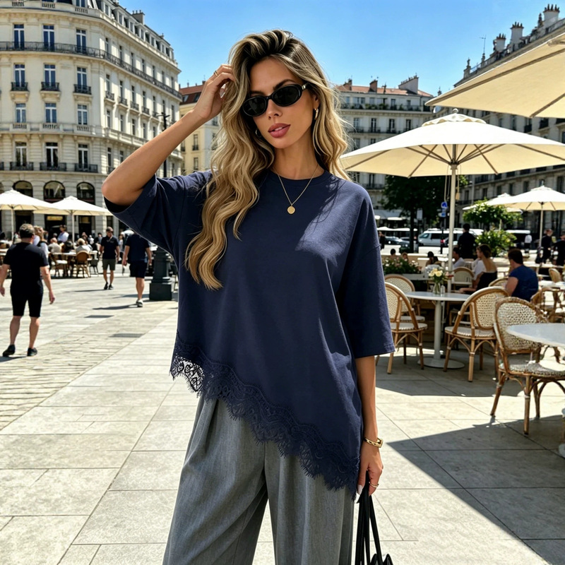 European and American Cross-Border Amazon 2026 Summer New Women's Pullover Leopard Print Patchwork Lace Loose Short-Sleeved T-Shirt European and American Cross-Border Amazon 2026 Summer New Women's Pullover Leopard Print Patchwork Lace Loose Short-Sleeved T-Shirt