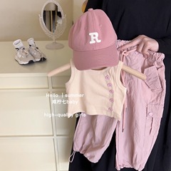 韓國童裝女童套裝2023夏季新款女孩洋氣時髦設計感背心上衣工裝褲