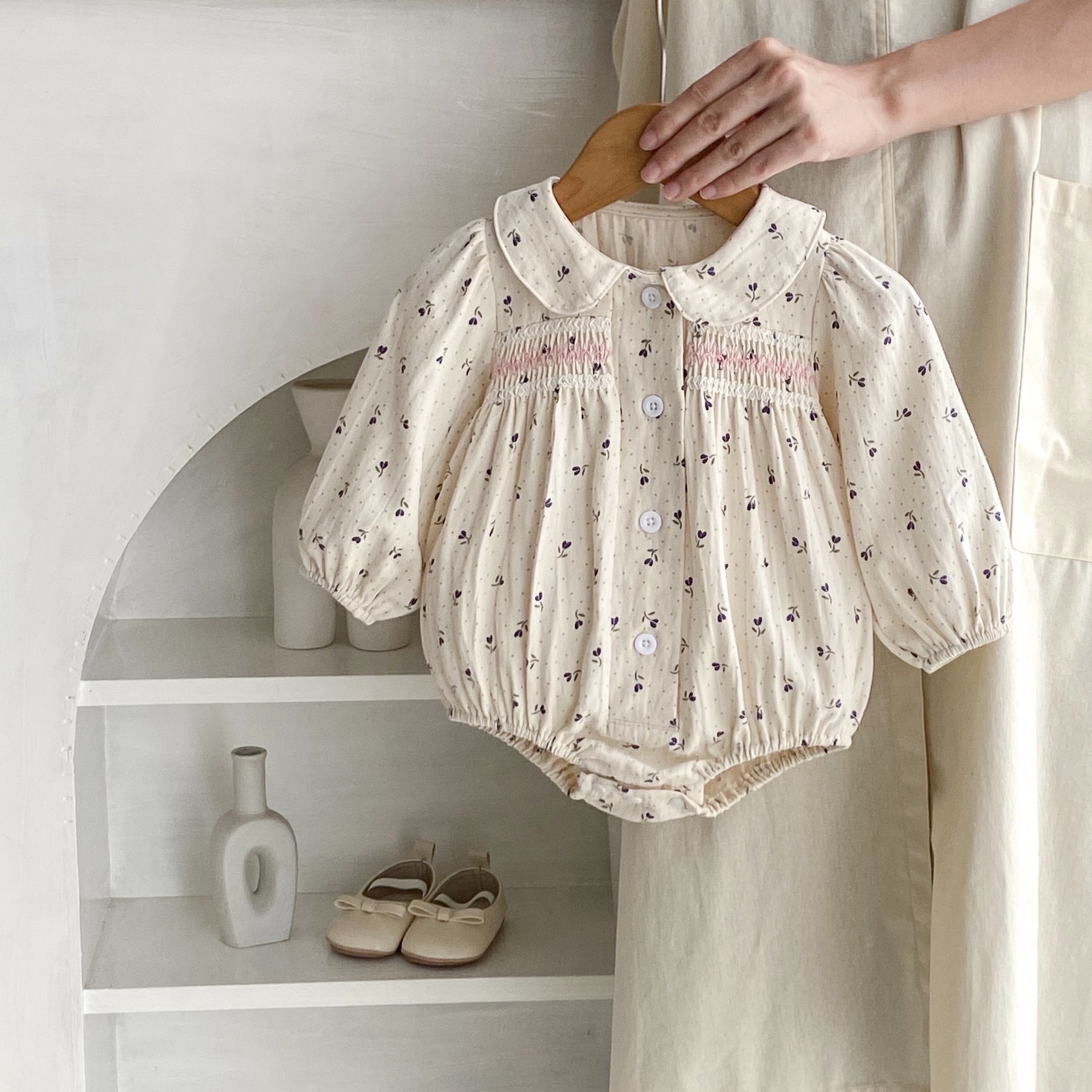 Cotton children's clothing 2024 autumn new item for infants and young girls, long sleeved khaki, wavelet dot flower_voghion.com