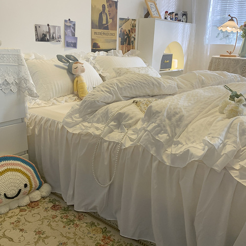 UG73ins Korean style pure white girly princess style bedding four-piece set bed skirt sheet style quilt cover bedroom three