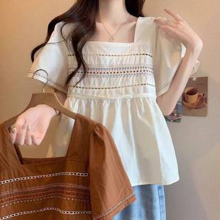 Square-Neck Embroidered Short-Sleeve Doll Collar Shirt for Women, Summer Plus-Size Dopamine Style Top