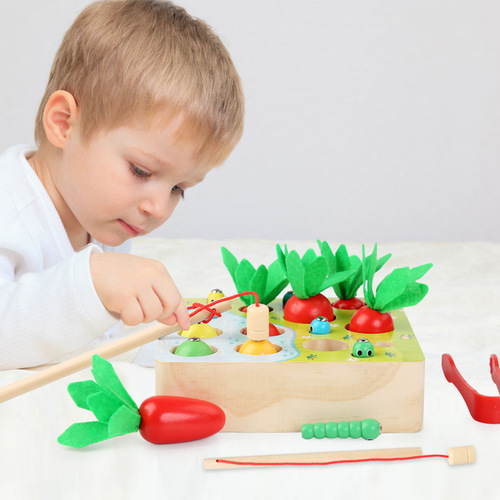 Wooden children's magnetic fun fishing, pulling radish and catching insects game early education hand-eye coordination hands-on educational toys