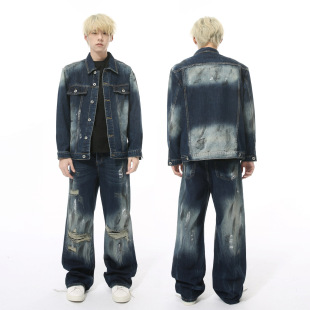 MTLCLOTHES Men's Wear | Autumn New Style Personality Retro Old Fashion Dirty Dyed Hole Washed Denim suit