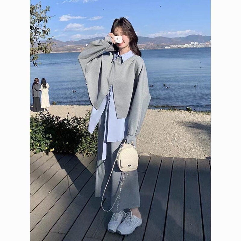 学院风套装显瘦穿搭女春季2025新款灰色卫衣衬衫半身裙直筒三件套|undefined