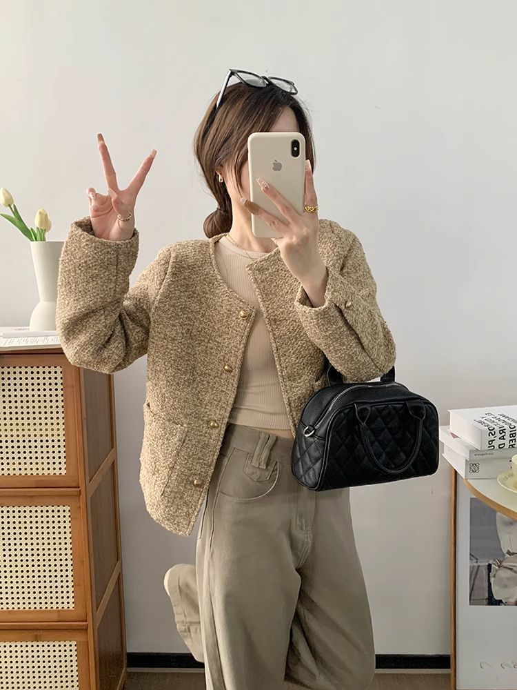 Woven Tweed Chanel-Style Short Jacket for Women 2025 Spring and Autumn Petite Round Neck Padded Shoulder Top Cross-Border Wholesale
