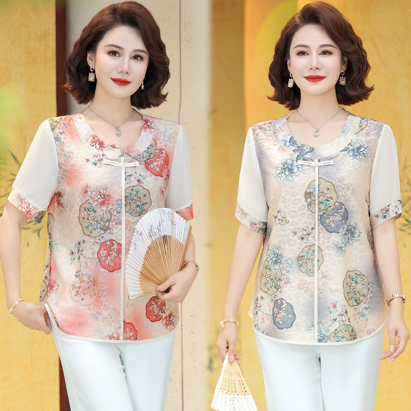 Летняя футболка с принтом для мамы, новый стильный топ для женщин среднего возраста с круглым вырезом для свекрови, нижняя рубашка в китайском стиле для людей среднего и пожилого возраста.