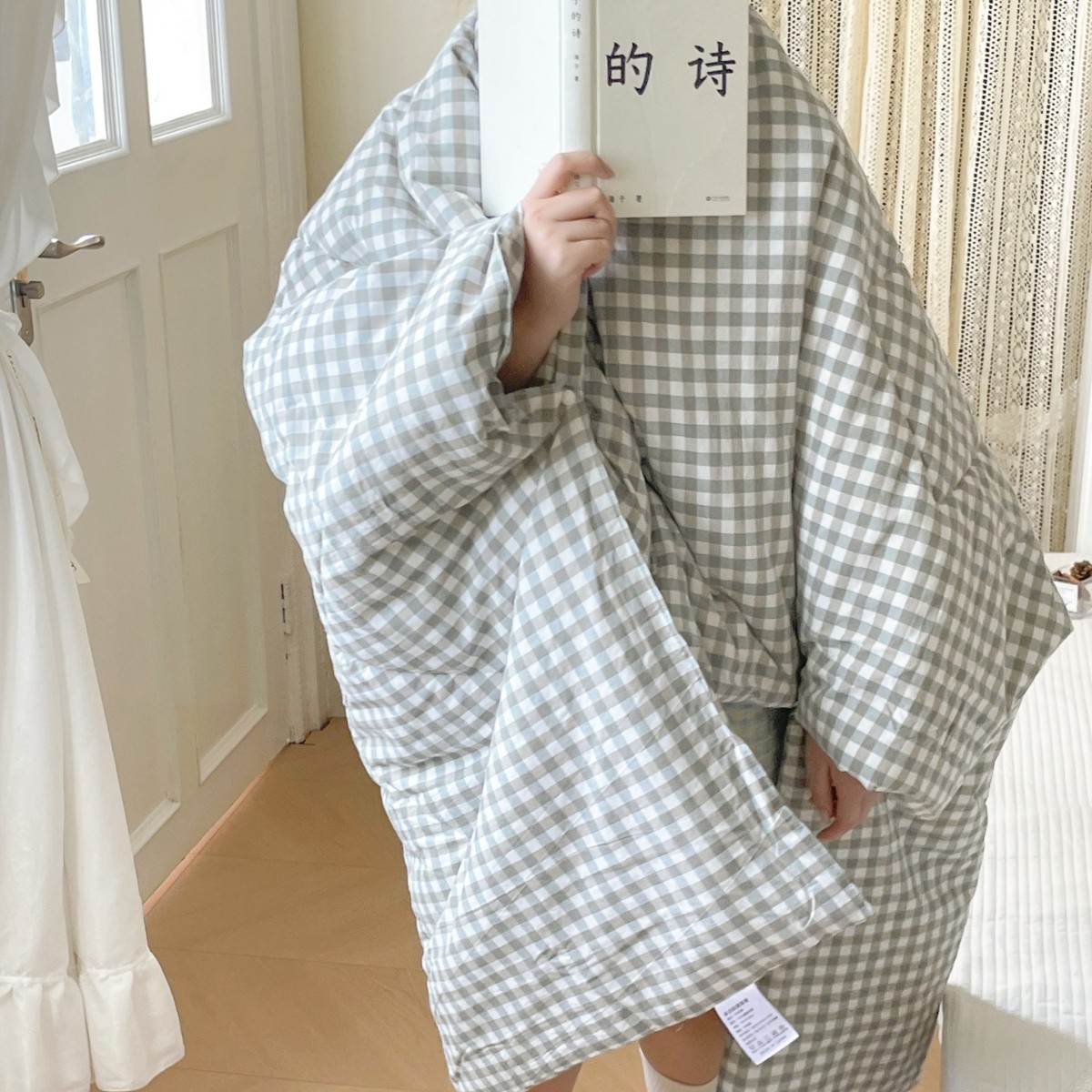 씻은 면화 베개 이불-녹색 흰색 격자