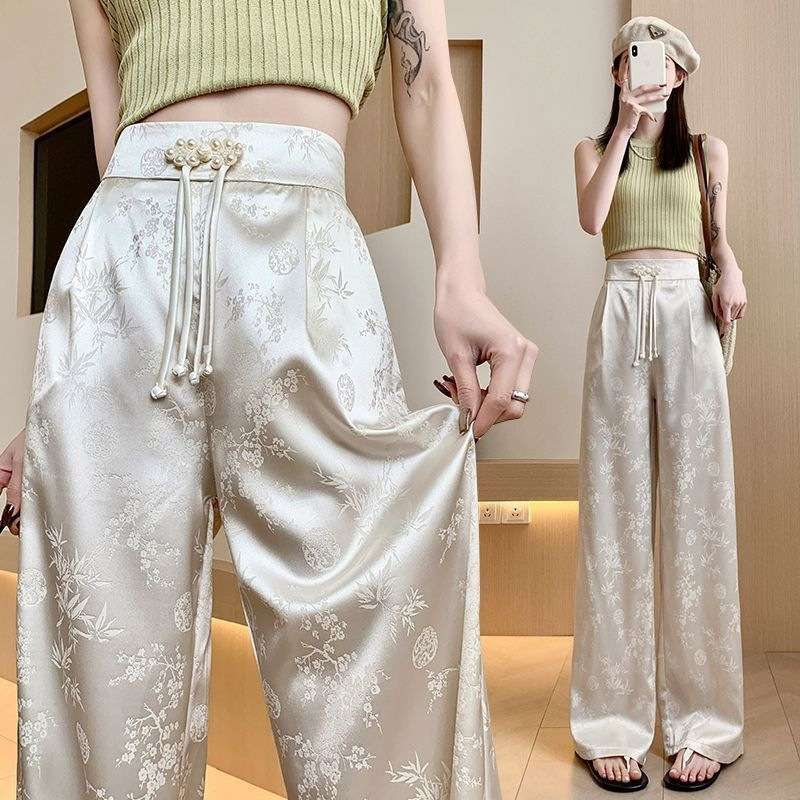 New Chinese Style National Style Satin Jacquard Buckle Wide Leg Pants Women's Spring and Summer New High Waist Slimming Pants