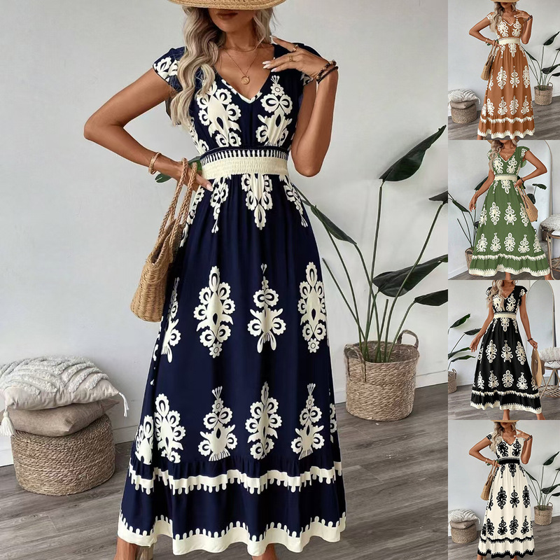Summer Amazon Aliexpress Foreign Trade Cross-Border Women's Clothing New Style Skirt Fashionable Printed Waist-Cinching Long Dress