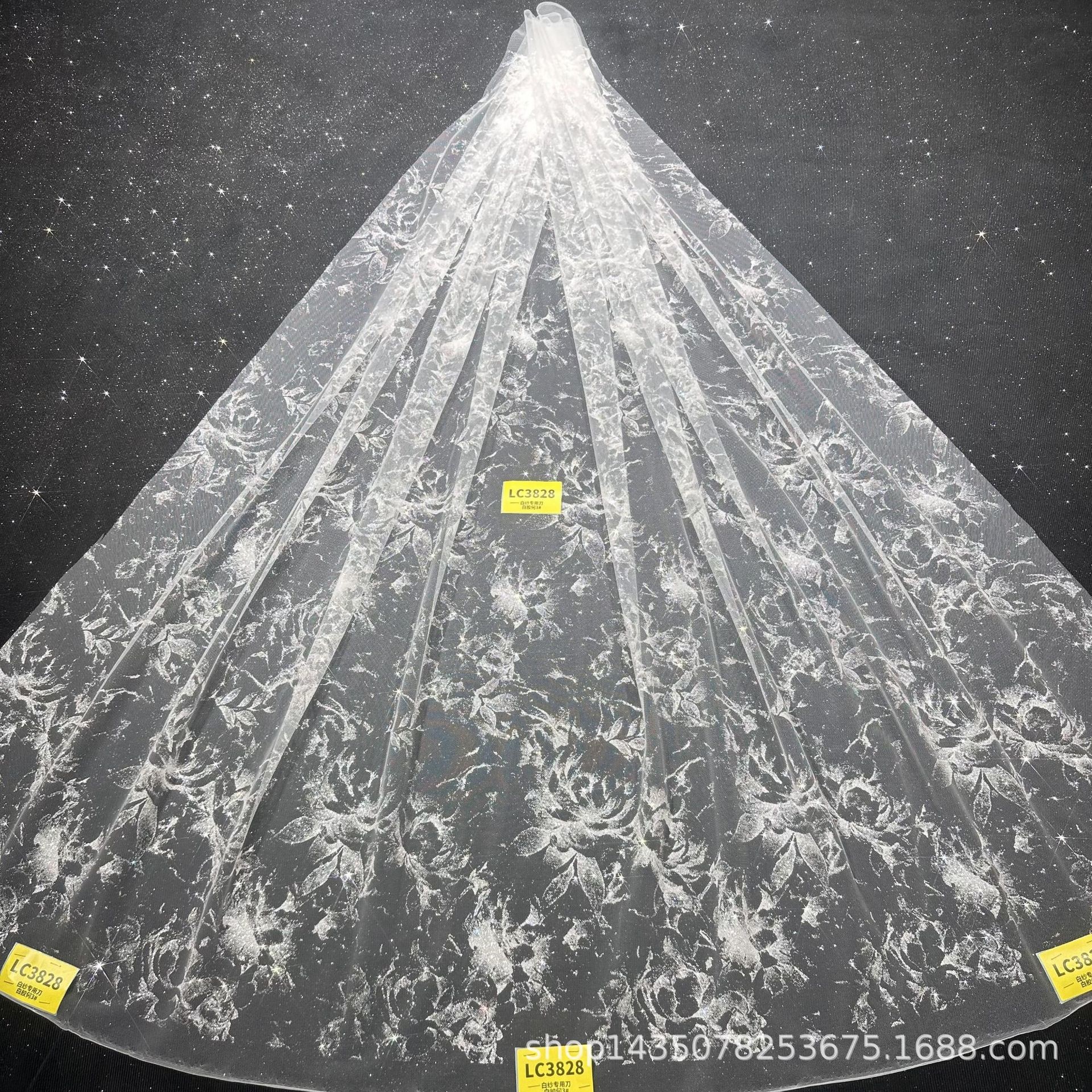 婚纱白纱面料 LC3828 洒金花型 纯银 白钻粉 网纱 喷金花型面料