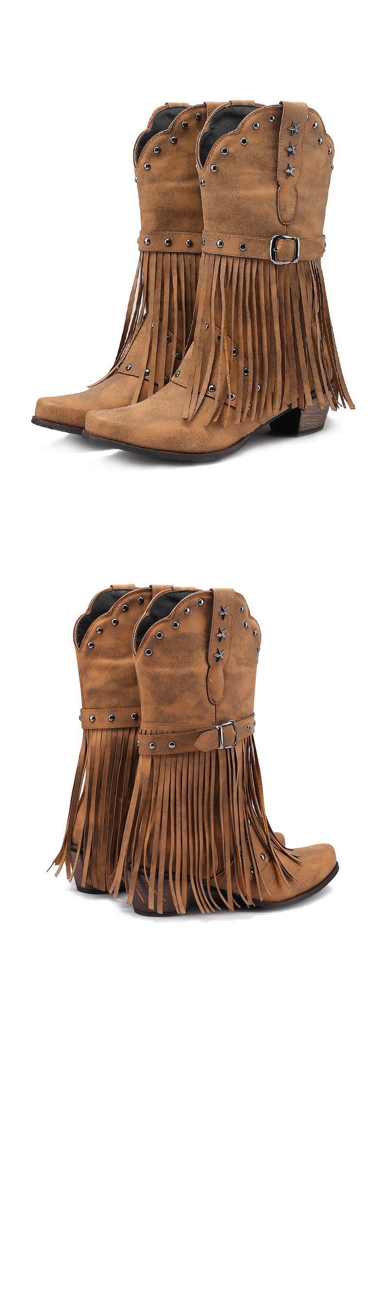 Western boots riveted belt buckle tassel mid-calf boots_voghion.com