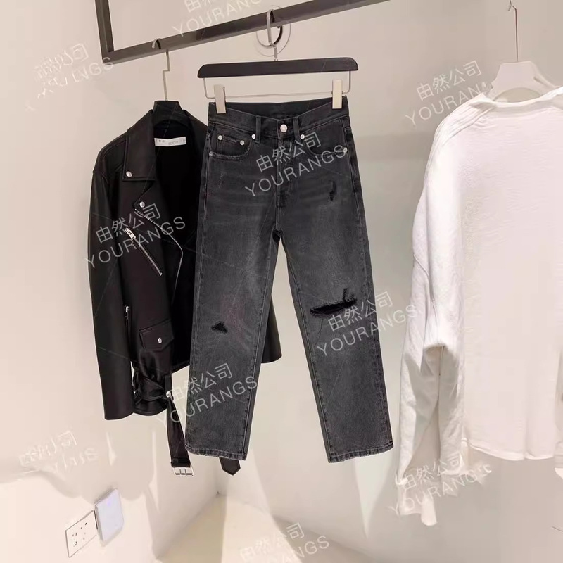 [Loss 90] AG velvet gray 13 oz Turkish ripped high waist loose small straight jeans