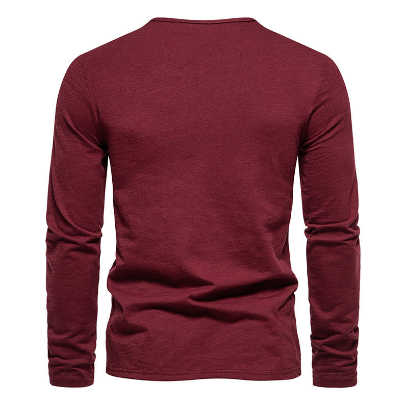 T-shirt da uomo a maniche lunghe con collo Henry a quattro bottoni in cotone tinta unita in bambù per l'autunno e l'inverno dei nuovi uomini_voghion.com