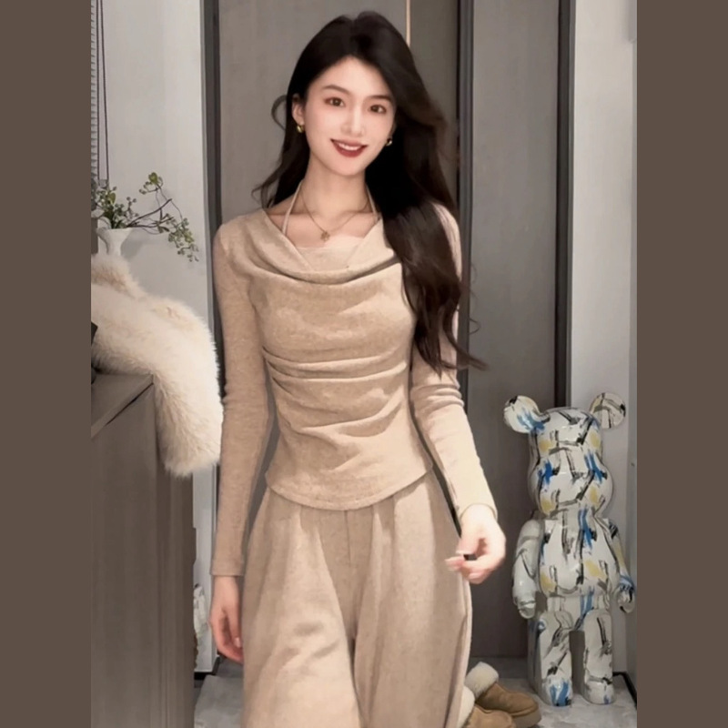 开春时尚穿搭一整套女纯欲风假两件上衣阔腿裤两件套又a又飒套装|undefined