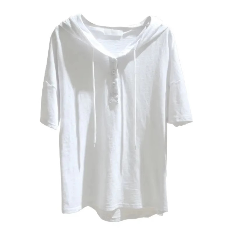 Áo thun nữ cotton 100% tay ngắn có mũ trùm đầu form rộng — Màu đen ((bông tre, mỏng và thoáng khí)) chi tiết 8