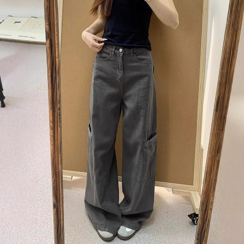 灰色阔腿牛仔工装裤女2025夏季新款高腰宽松显瘦百搭直筒拖地裤子|undefined