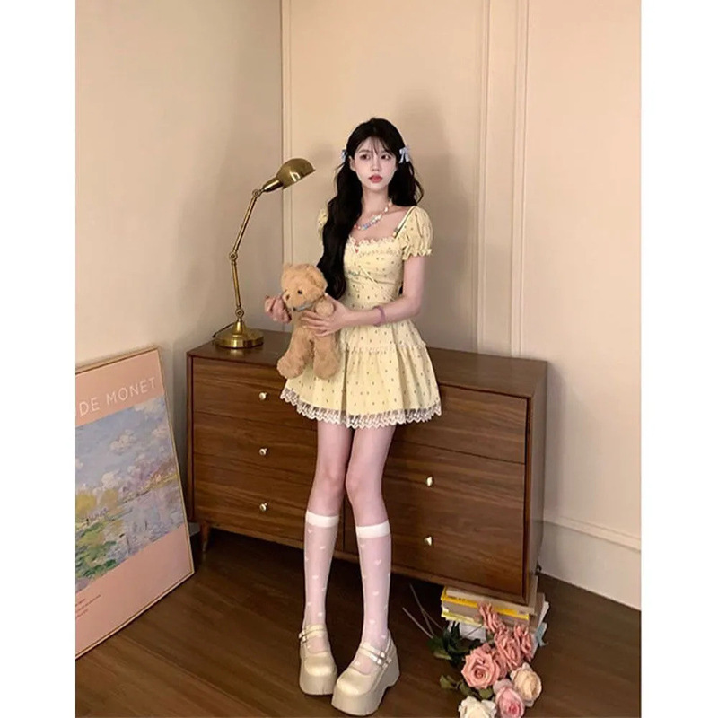 Candy Sweetheart One-Shoulder Sweet Little Short-Sleeved Dress Summer New Niche Design Fairy Short Skirt Candy Sweetheart One-Shoulder Sweet Little Short-Sleeved Dress Summer New Niche Design Fairy Short Skirt